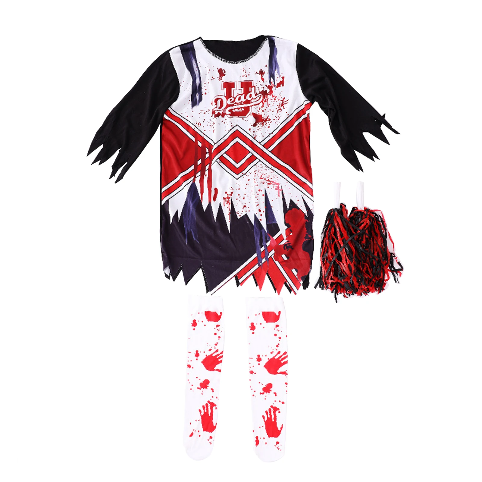 Bambini ragazze Halloween Party Horror Zombie Costume Cosplay Cheerleading abiti da ballo vestito sanguinante con calze palline di fiori