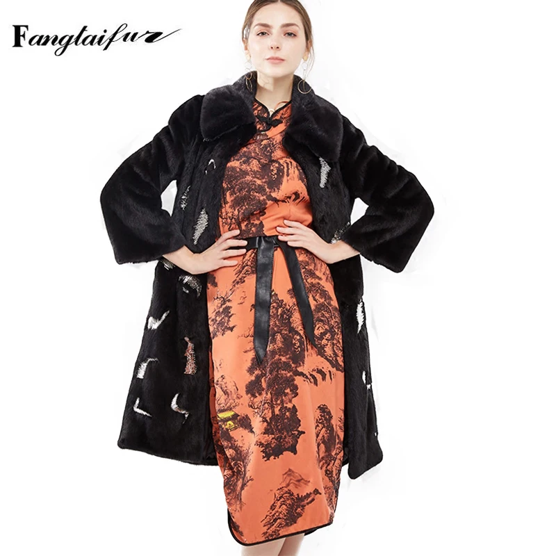 Ftangaiur 겨울 여성용 수입 벨벳 밍크 퍼 코트 턴다운 칼라 밍크 코트 여성 재킷 엑스트라 롱 천연 리얼 밍크 퍼 코트