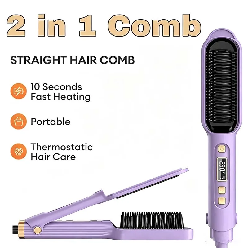 New Style 2‑in‑1 Negative Ionic Ceramic Hair Straightener Brush, Portable Household Styling Comb with LCD Display