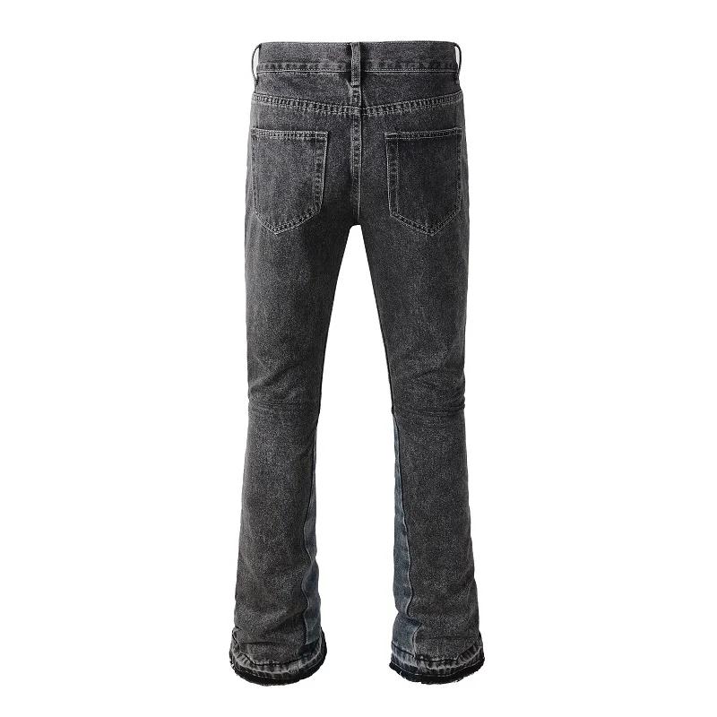 Men Boot Cut Denim Jeans Spliced Gray Black Release Hem Pants Streetwear Non Stretch Flared Trousers