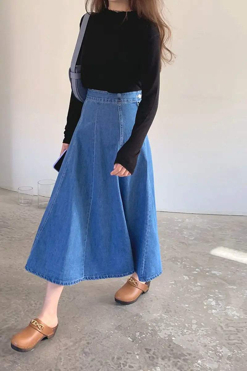 

Women's Summer High Waisted Mid Length Skirt, Loose and Slimming Casual Denim Skirt