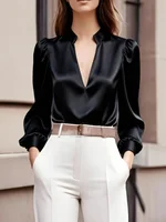 Elegant Women's Satin Blouse with Puffed Sleeves and V-Neck Design – Chic Pink Silk-Look Top - Image 3