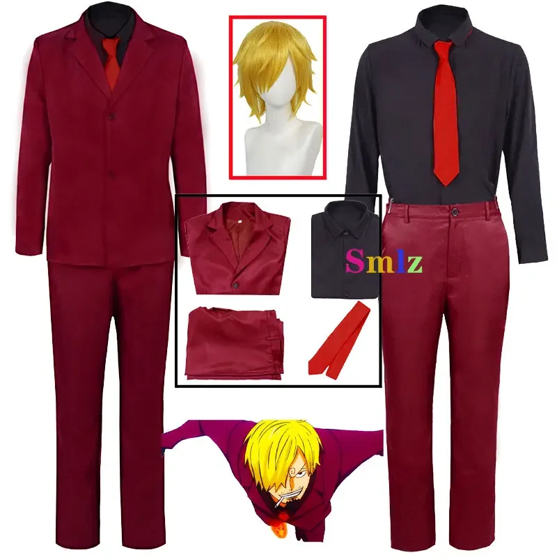 Anime Piratas Sanji Cosplay Traje para Homens, Uniforme Vermelho, Chef Sanji Wig, Trajes de Carnaval de Halloween