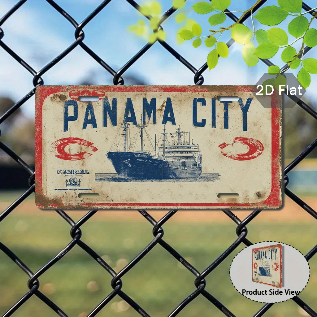 2D Flat,Retro Panama City Ship Logo- Red and Blue Ship Design Retro Marine Wall Decoration,Sign Ship Logo,Suitable for Yacht