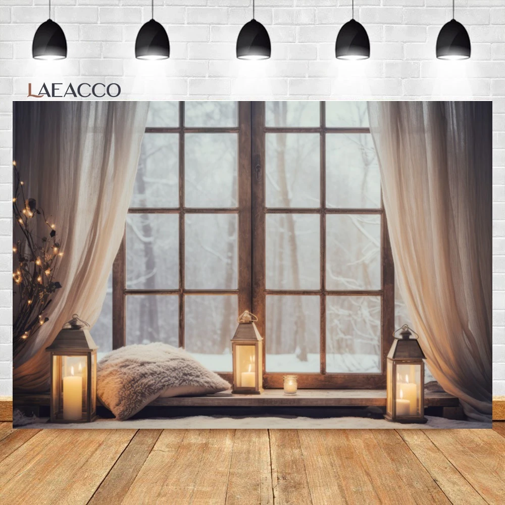 Laeacco Christmas Window Backdrop Winter Snow Scene Xmas Tree Red Curtain Gifts Kids Birthday Portrait Photography Background