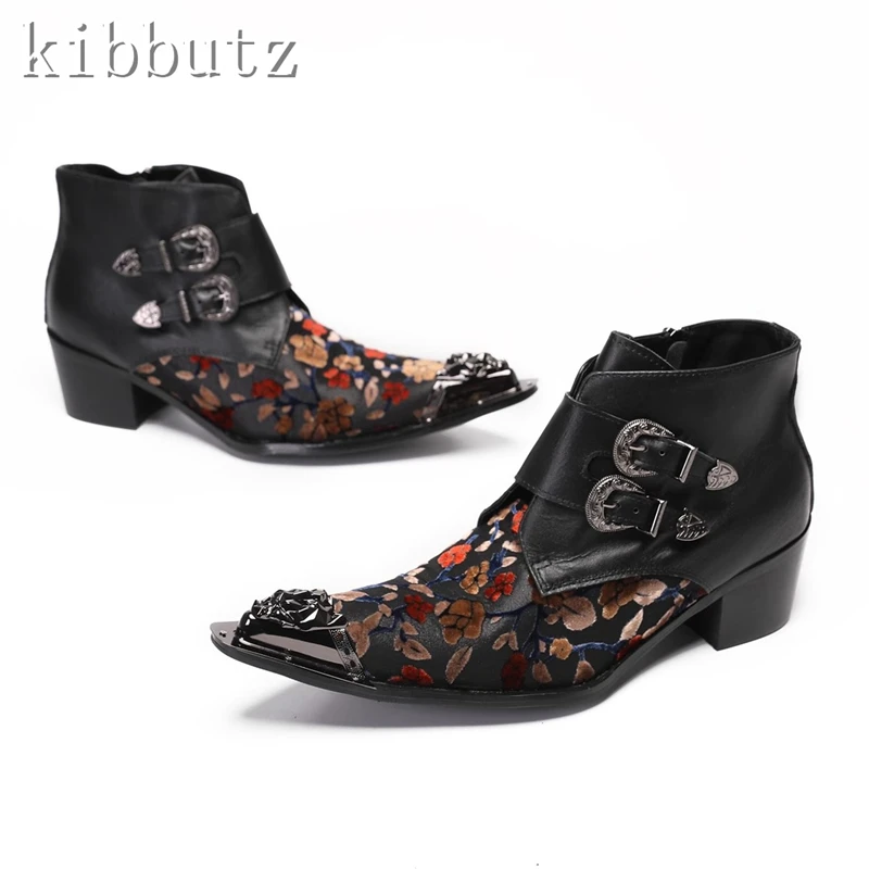 Black Patchwork Printing Men High Heels Boots Genuine Leather Metal Pointed Toe Ankle Boots British Style Dress Shoe