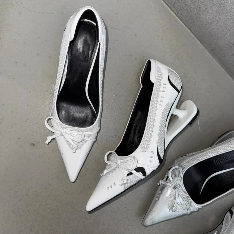 Special Heel Spliced Heels Pointed Toe Heels Women's Fashion Shallow Mouth Bow Non-Slip Mary Jane Single Shoes Large 42