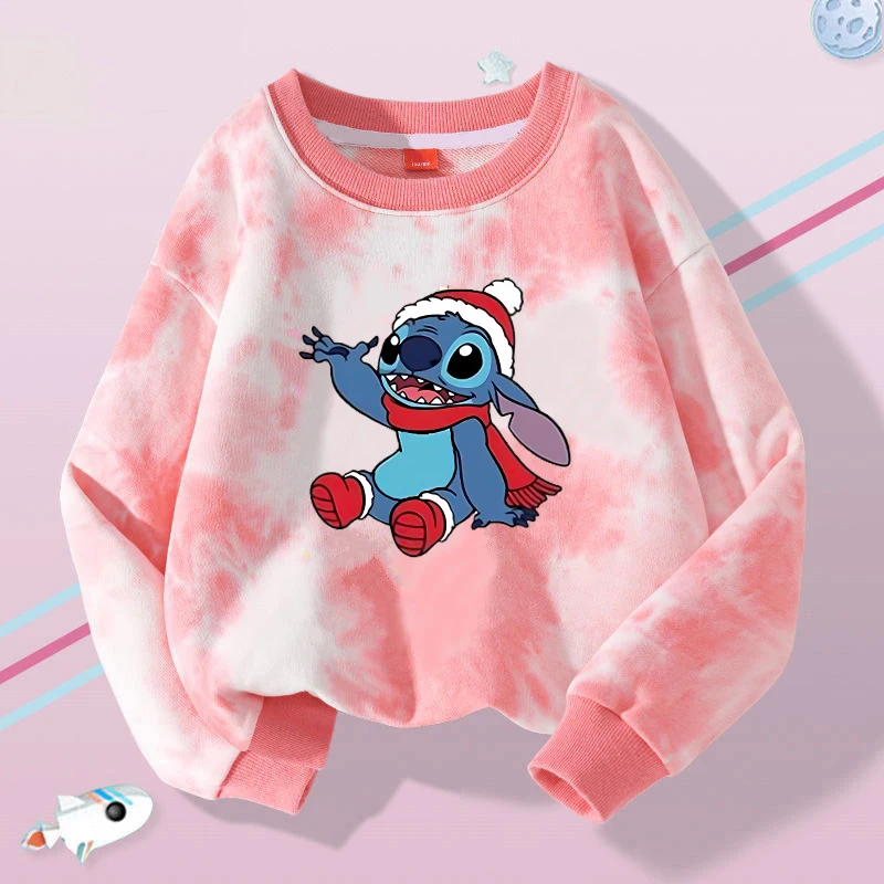 Disney Stitch Kids Crew Neck Sweatshirt Anime Cartoon Christmas Print Long Sleeve Pullover Boy Girl Winter Casual Warm Top Gifts