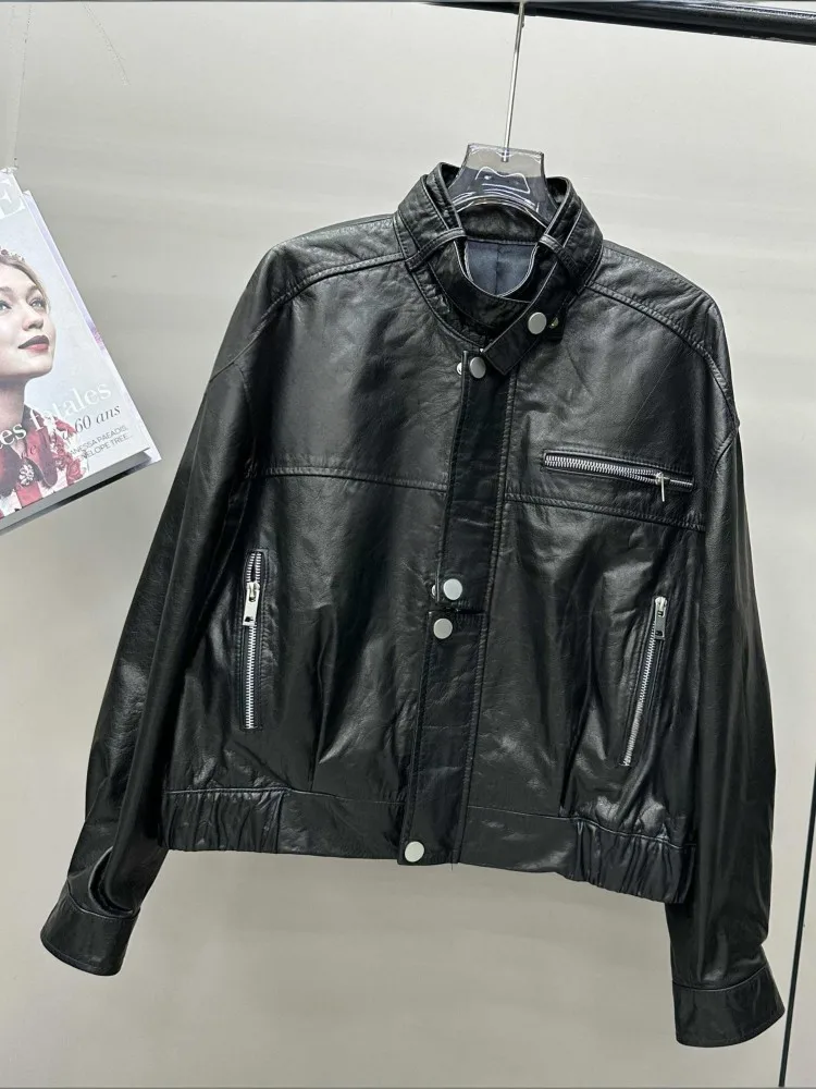Streetwear Punk Women Stand Collar Oil Wax Cowhide Motorcycle Jacket Vintage Zipper Loose Fit Autumn Genuine Leather Short Coat