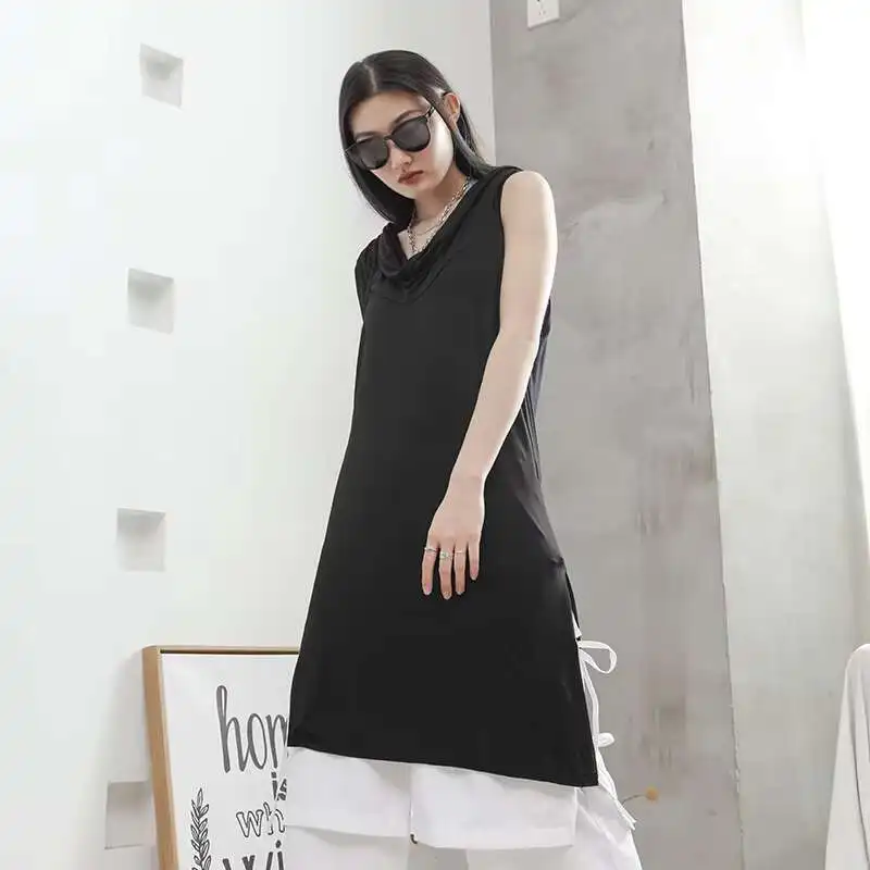 Women's Vest Summer New Sleeveless Folding Collar Loose Long Fork Large Size Sleeveless Short Sleeve T-Shirt