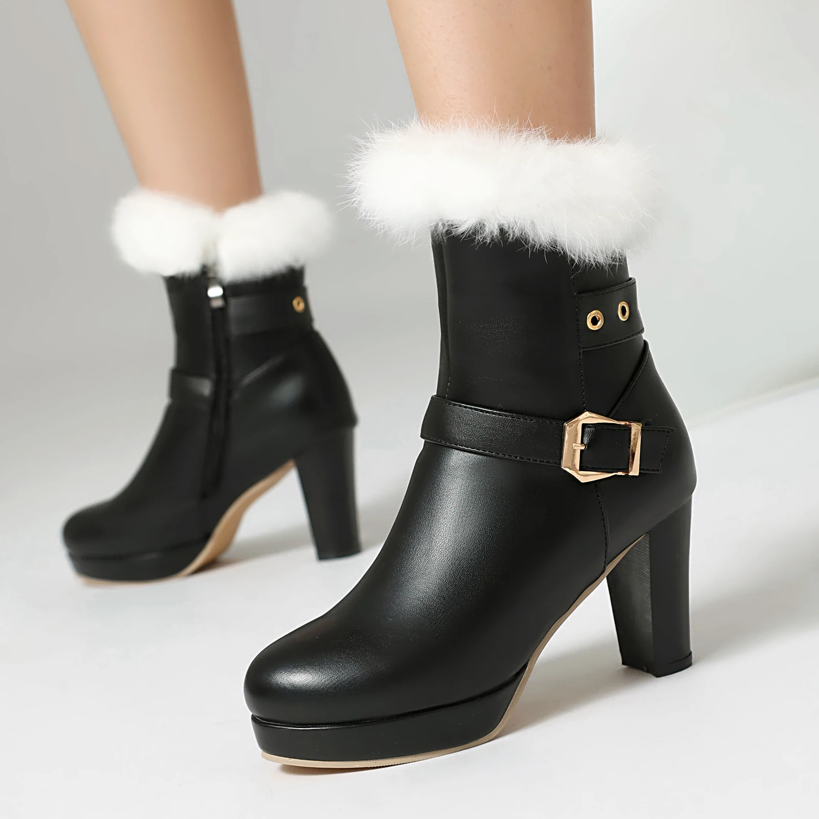 

Winter Ankle Boots Women's with Warm Rabbit Fur Comfy Round Toe Chunky High Heels Shoes Soft PU Belt Footwear