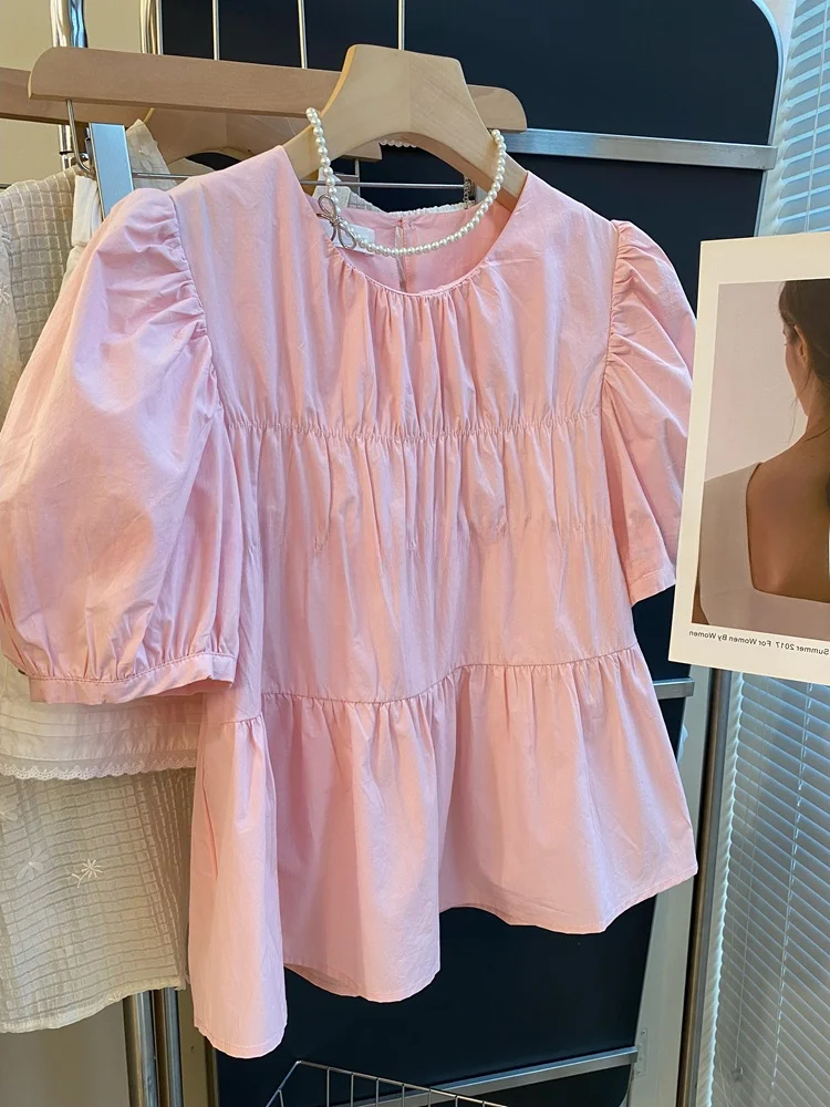 Sweet Pink Ruffle Sve irt Women's Loose Tummy Covering ort Doll Top round Ne Commute Sle Korean Version Bubble Sve