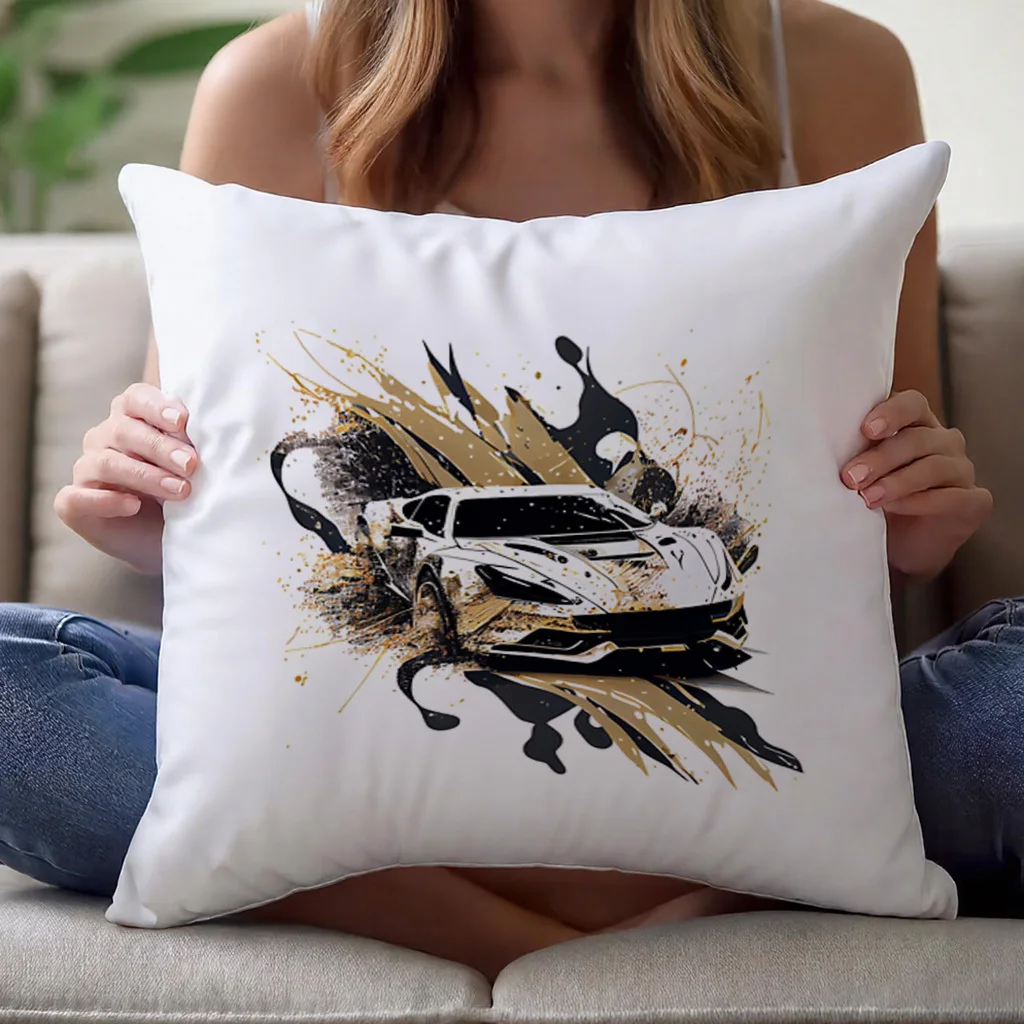 Dynamic Automotive Silhouette Pillow Cover  Expressive Ink Splatter Composition Charcoal and Metallic Gold Polyester Case