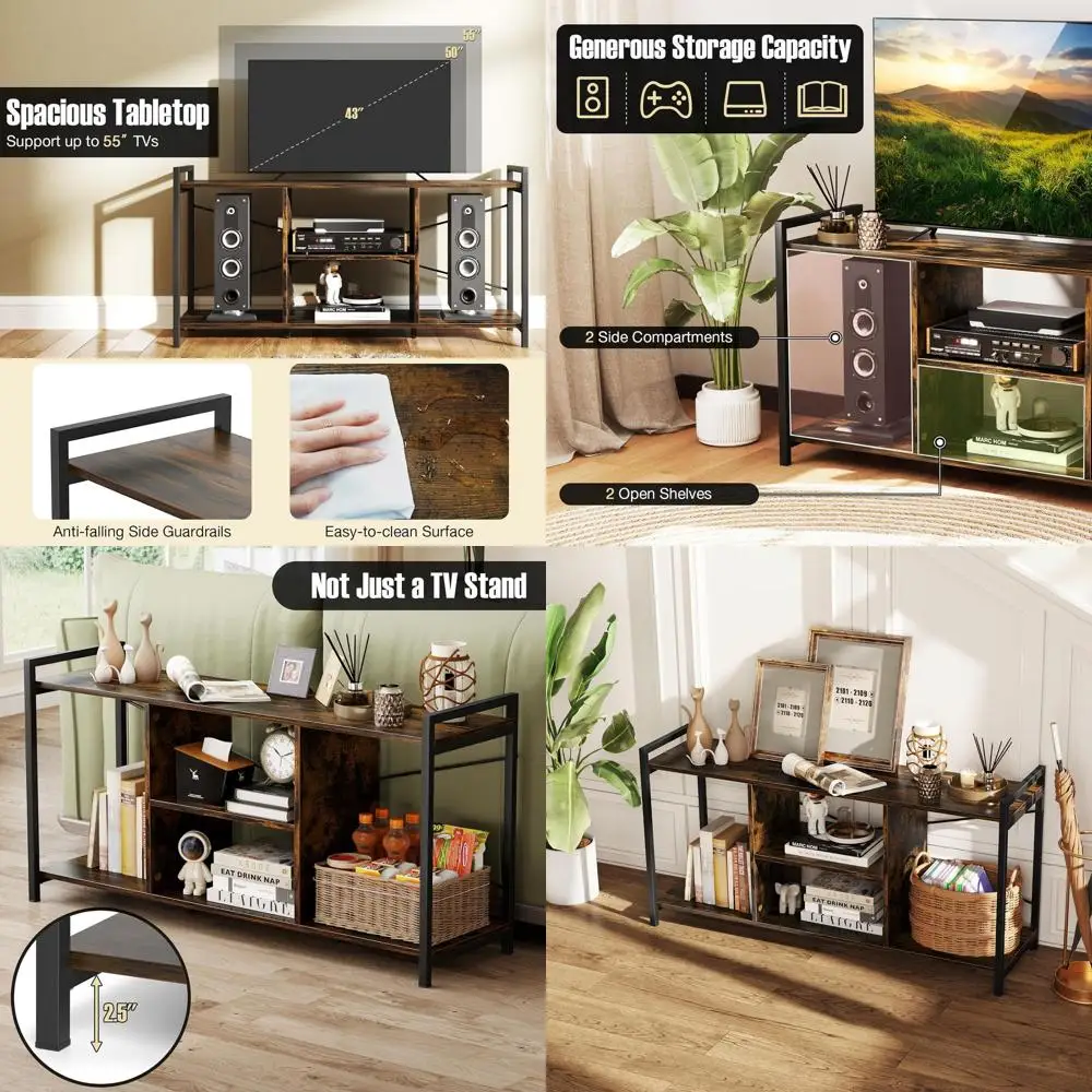 

55 TV Stand with 4 Shelves, 3-Tier Media Console, Metal Frame & Side Rails, Rustic Brown, 47 Long Entertainment Center