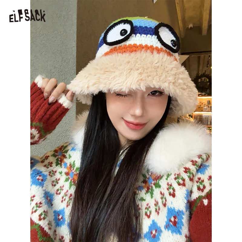 

ELFSACK Cute Rainbow Striped Crochet Eye Plush Brim Hat For Women
