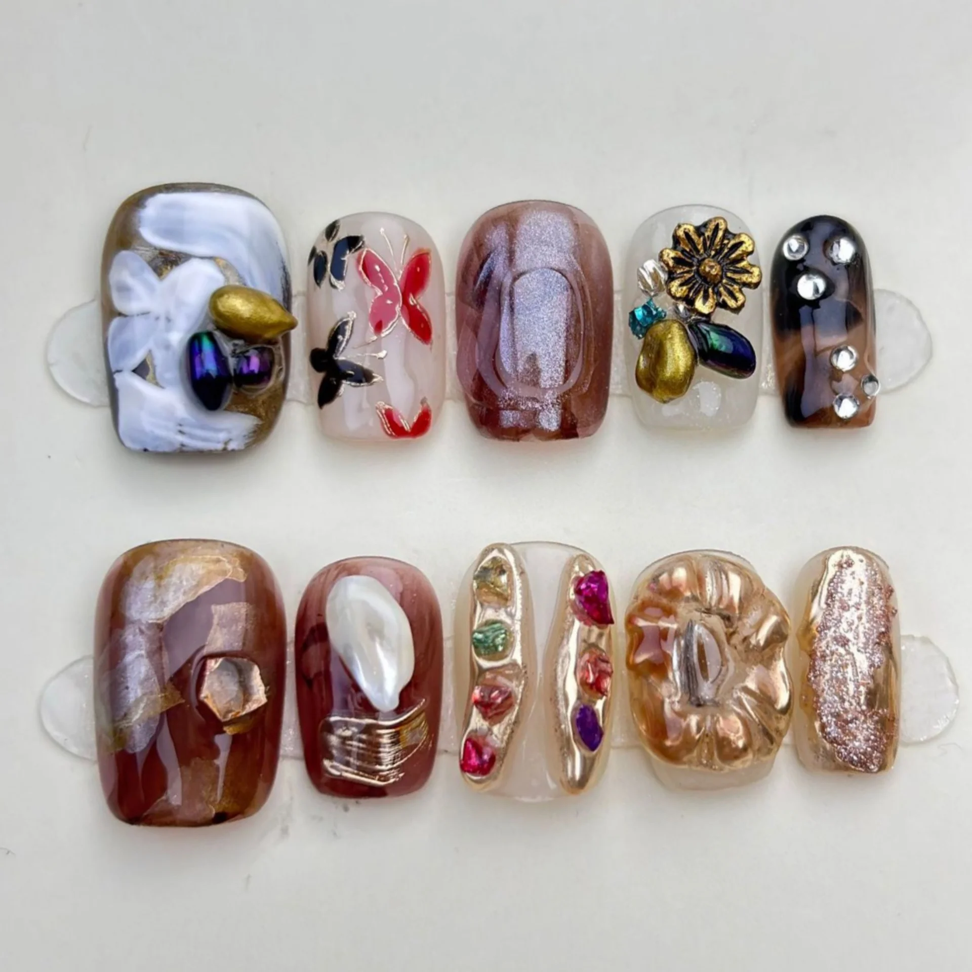 10st handgemaakte kunstnagels kunst kleurrijk kort vierkant rond druk op nagels tip verguld bloem glitter patroon nep nagel kunst afgewerkt