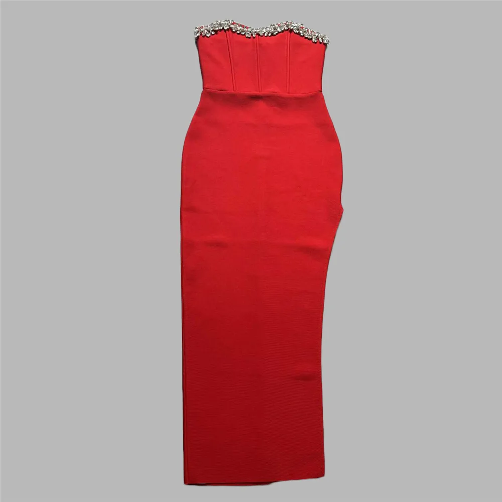 2024 Sexy Women\'S Nail Bead Rhinestone Bandage Dress Strapless Sleeveless Bodycon Backless Side Split Long Red Dress Vestidos