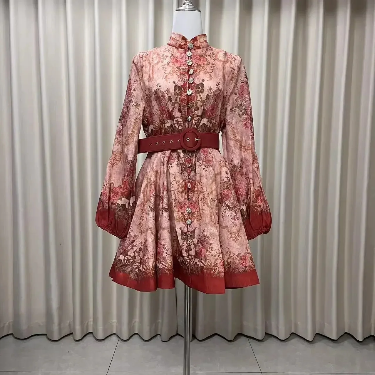 

，Ladies Stand Collar Lantern Long Sleeve Tie Waist Slimming Flared Positioned Printed Single Row Button Short Dress 2025 Summer