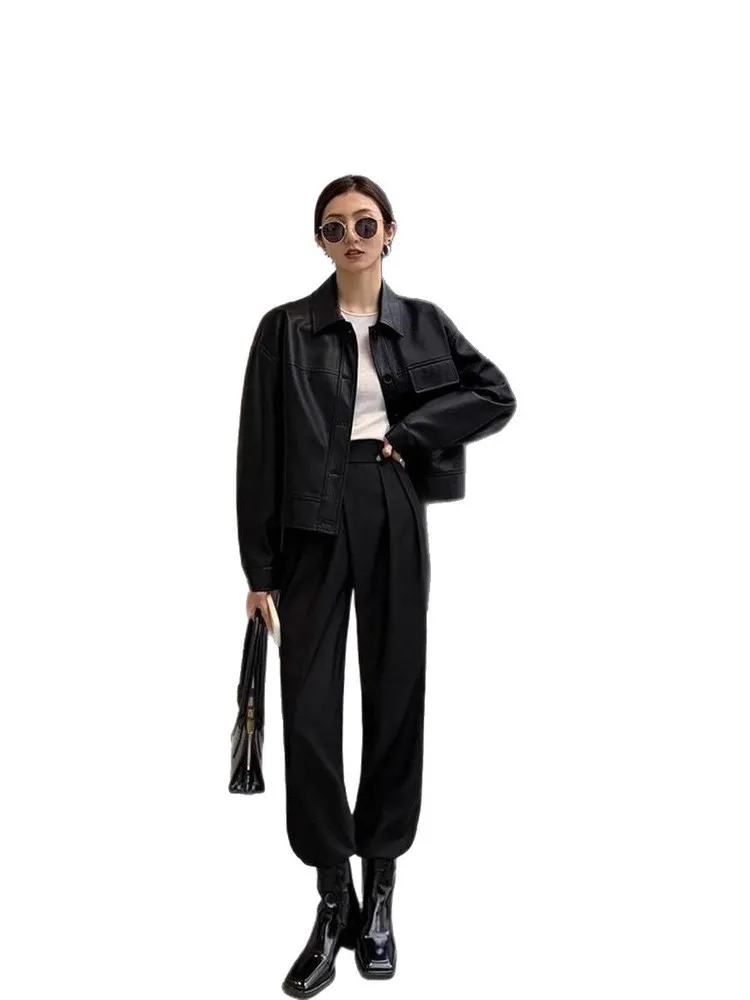 Bla ort PU Leather Jaet Women's Spring Autumn Cool Sle Biker Jaet Korean Version Small Size Faionable Top