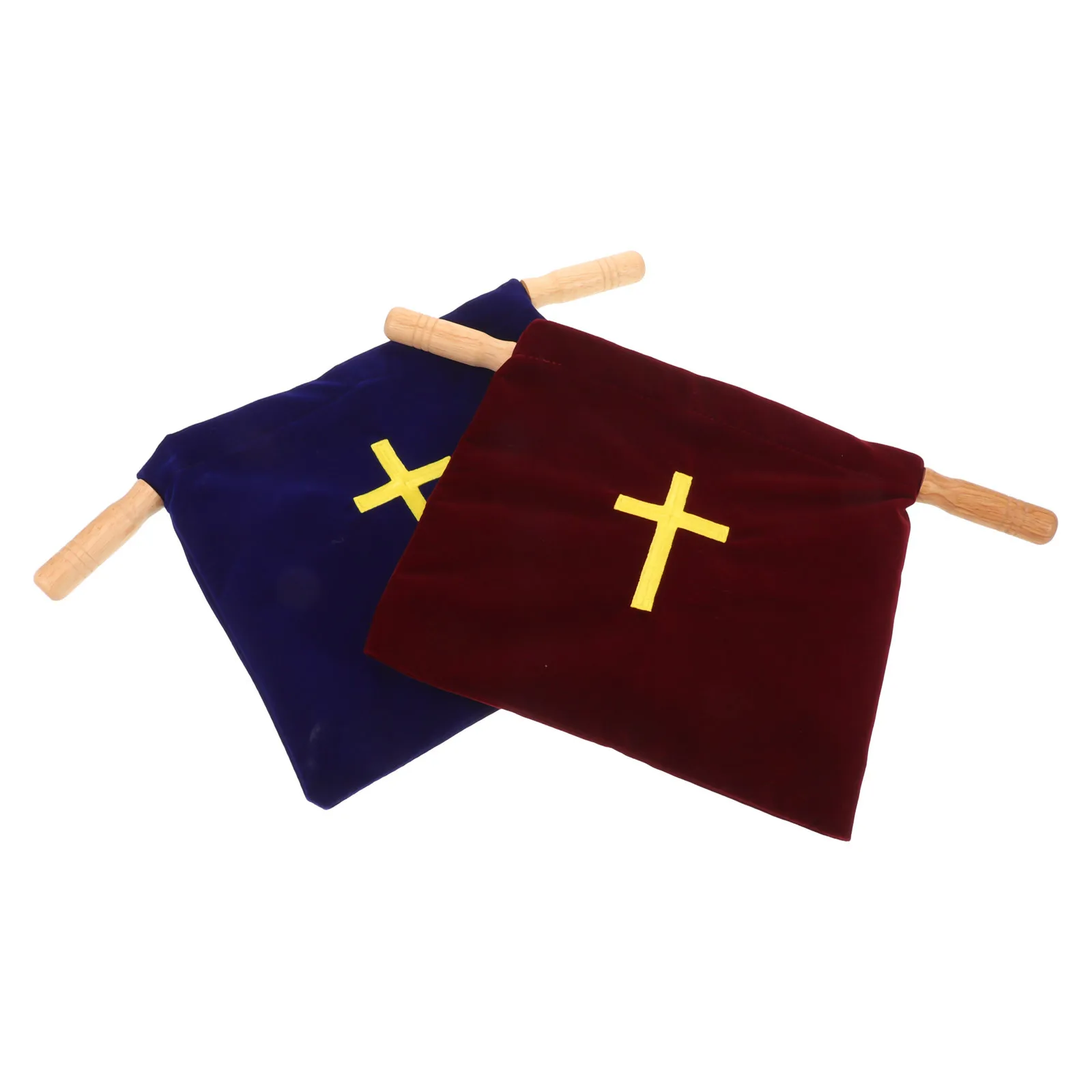 2Pcs Church Offering Bags Cross Embroidery Design Spacious Wooden Handle Communion Supplies Collection Pouch Velvet Bag