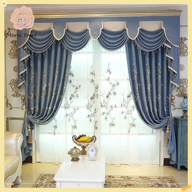 

Custom Size European Embroidered Luxury Blue Blackout Curtains for Living Room Bedroom Window Screen Drapes with Tulle Valance