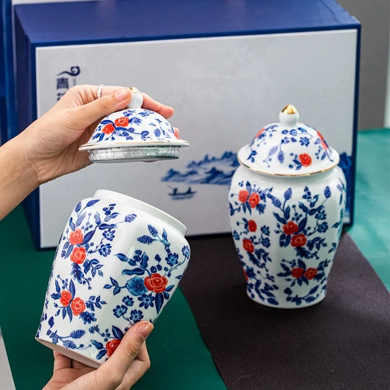 Rose Painting Ceramic Tea Organizer Chinese Modern Blue and White Porcelain Sealed Tea Container Coffee Table Desktop Storage