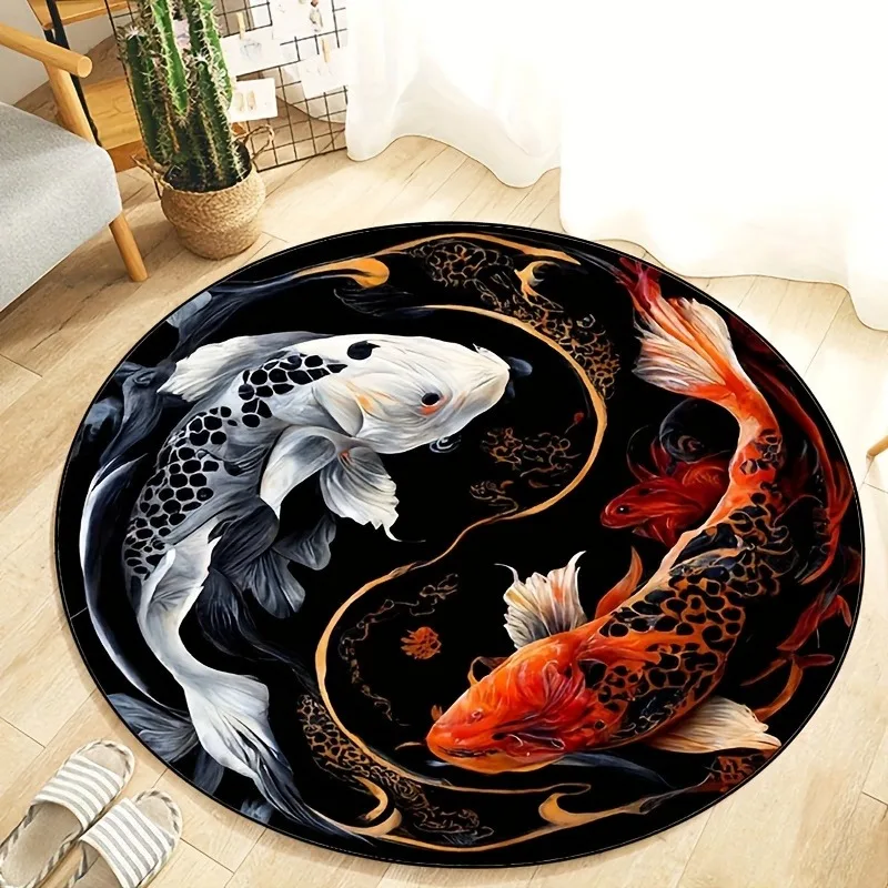 3D Yin Yang Koi Rug Vibrant Cartoon Fish Design Round Carpet for Living Room, Bedroom & Chairs - A Stylish Home Decor Gift