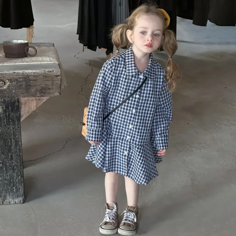 

Girls' Dress2025Spring New Blue Plaid Shirt Dress Children's Simple Loose Short Dress