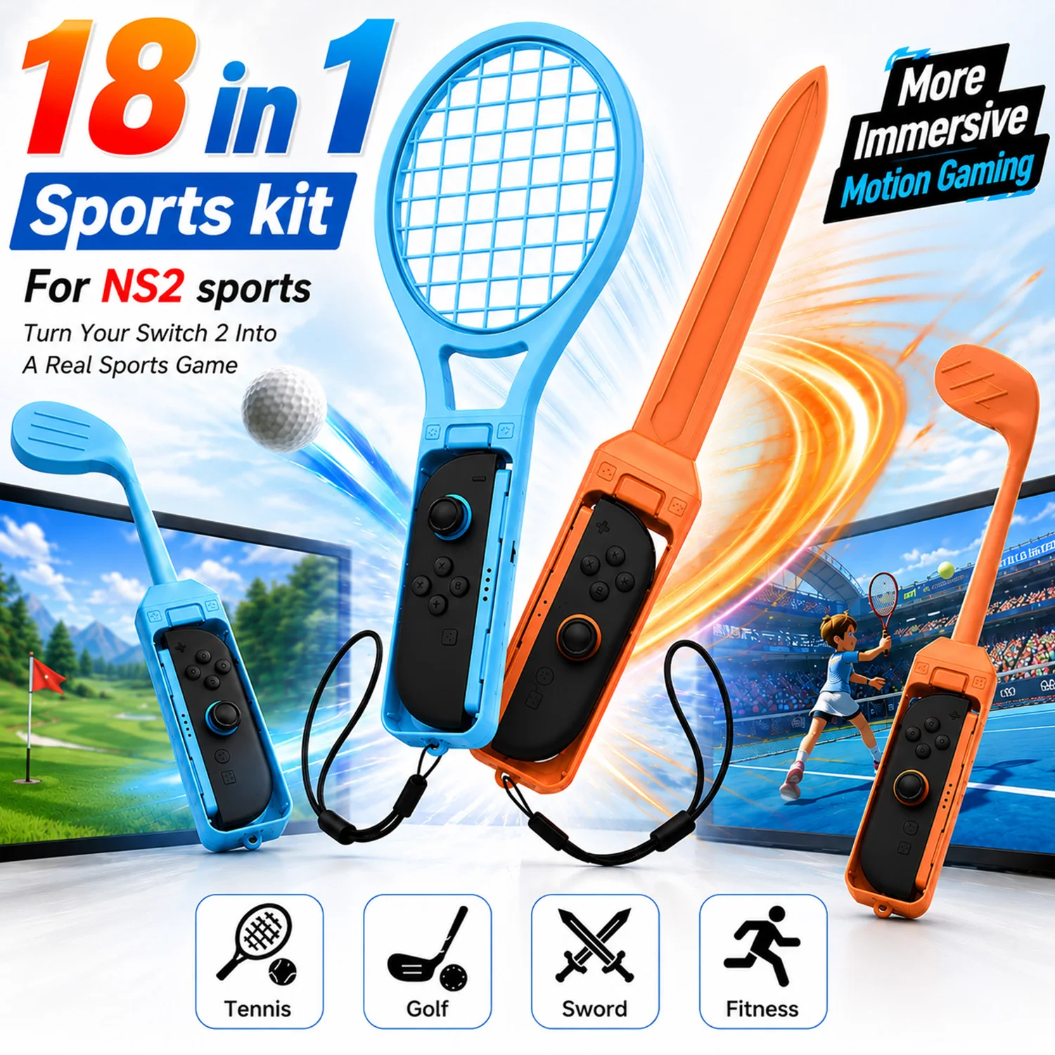Kit de Accesorios para Juegos Deportivos 18 en 1 para NS Switch 2 Joy-Con, Palos de Golf, Raquetas de Tenis, Espadas, Correa de Muñeca, Accesorios para Joy-Con
