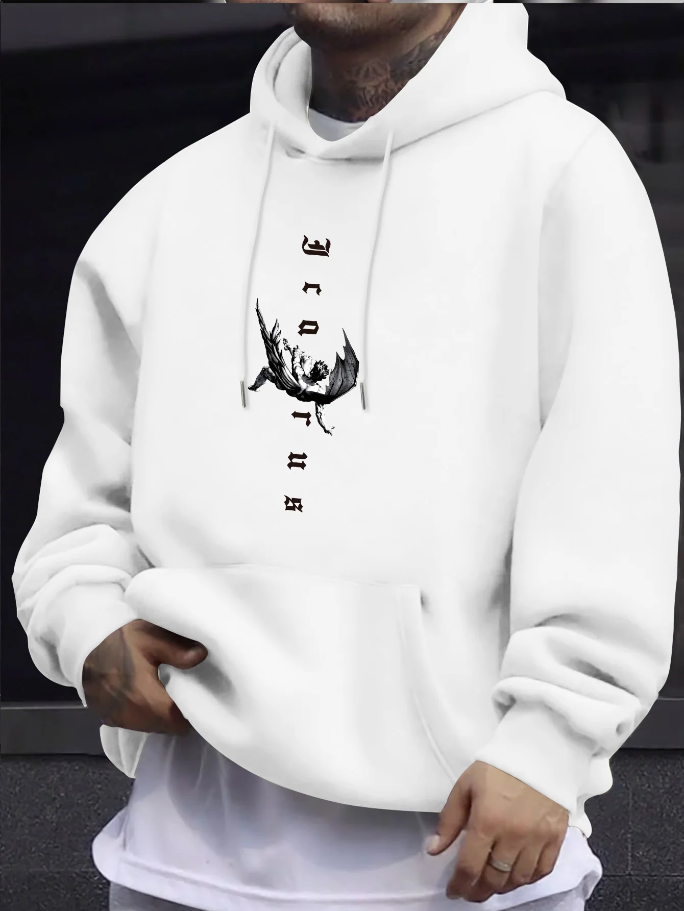 Winter/Spring Men's Gothic Angel and Tarot Print Hooded Long-Sleeved Casual Multi-functional Street Style Sweatshirt