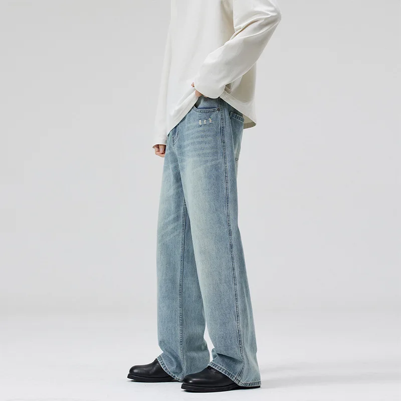 QICHE Unisex Light Blue Washed Ripped Jeans Loose Straight Casual Denim Long Trousers