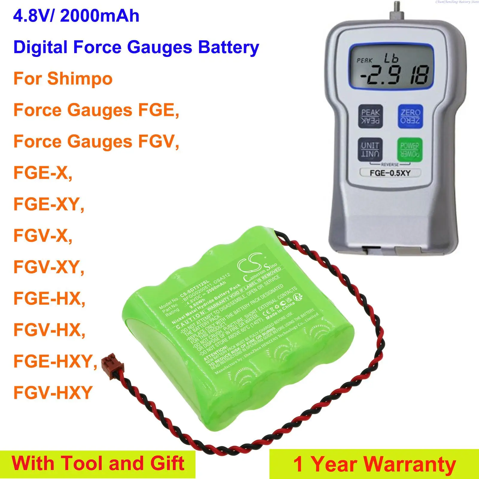 Cameron Sino 2000mAh Force Gauges Battery for Shimpo FGE-X, FGE-XY, FGV-X, FGV-XY, FGE-HX, FGV-HX, FGE-HXY, FGV-HXY, FGE, FGV