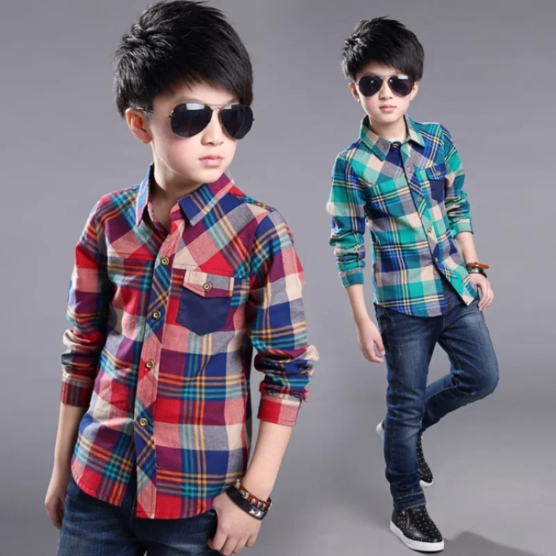 

Boys Shirt Long Sleeve Spring Autumn Kids Plaid Blouses Shirts Boy Top School Children Clothes for 5 6 7 8 9 10 11 12 Years