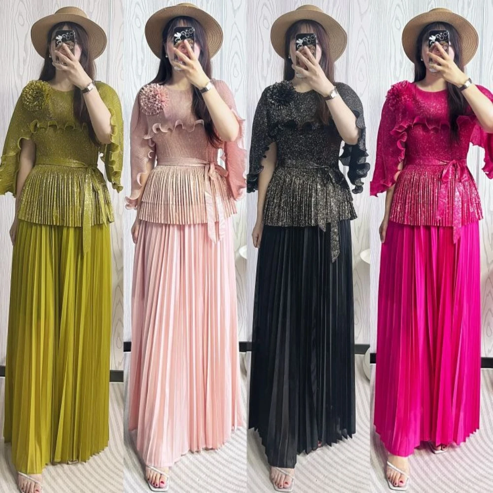 2025 مياكي الأفريقي مطوي الطباعة البرنز مجموعة غير النظامية أعلى + تنورة قطعتين مجموعة ملابس نسائية فضفاضة