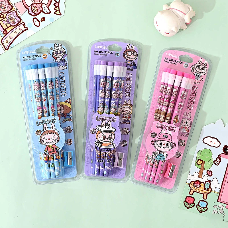 12Pcs Cartoon Labubu Pencil Set With Rubber Pencil Sharpener Student Writing Drawing Pencils Student Stationery School Supplies