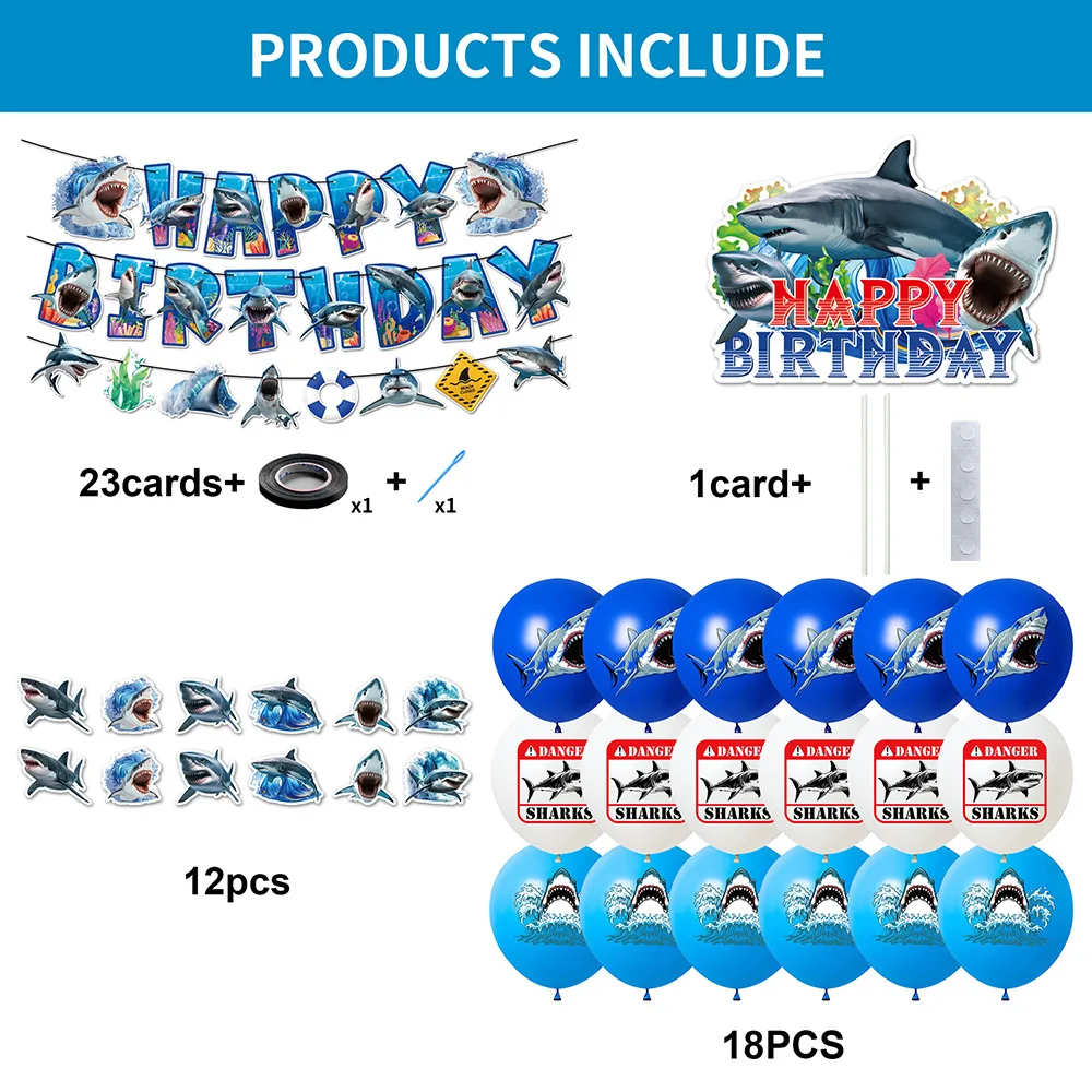 Set di compleanno di palloncini per topper per torta con decorazioni per feste a tema squalo