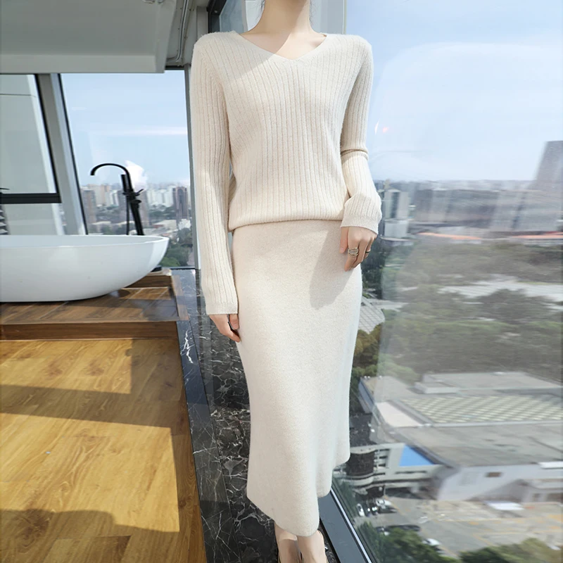 

100% Merino Wool Suit Autumn/Winter New Fashion Two-Piece Set Women's V- Neck Pullover Casual High Waisted Female midi skirt