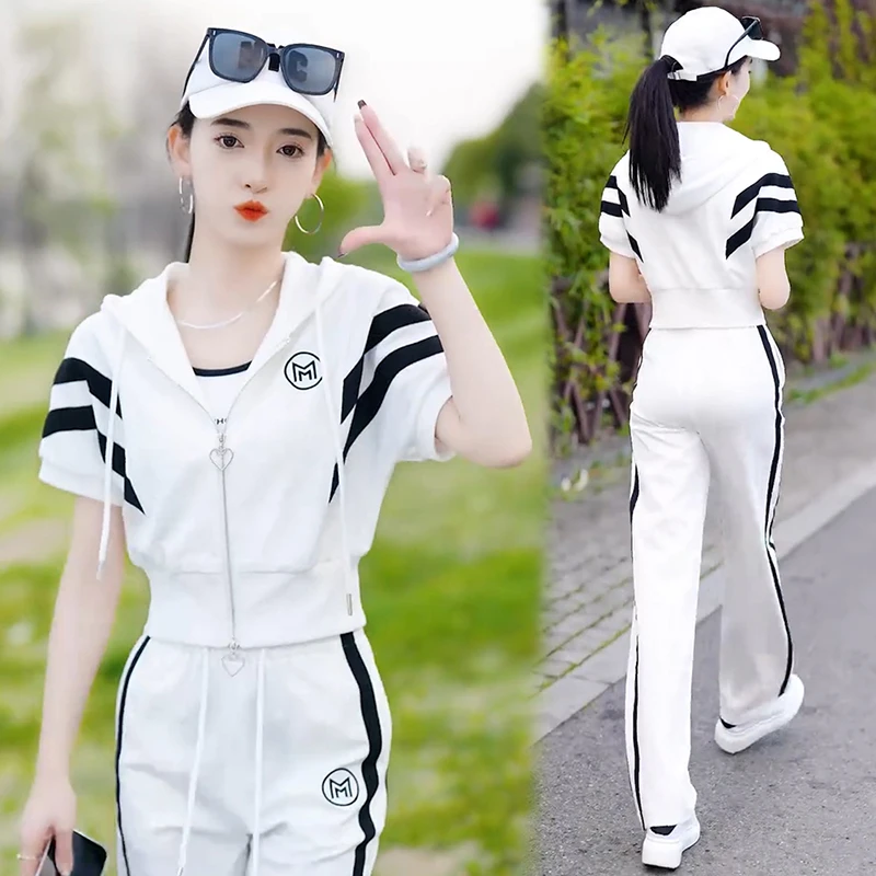 Short sleeve top with zipper for women casual suit high waist pants wide leg pants loose fashion summer