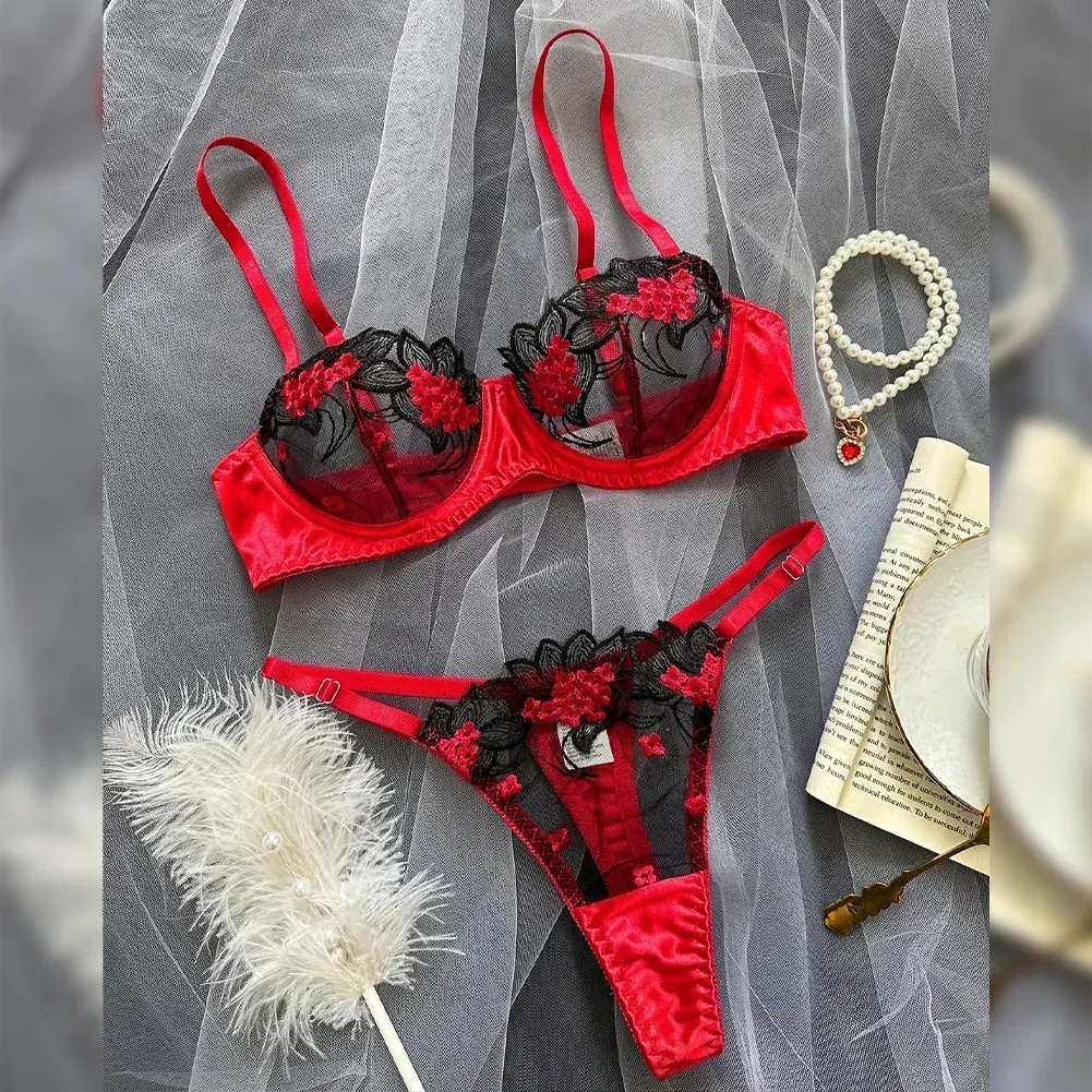 Sexy Underwear Fancy Lace Erotic Set Women's 2-piece Set Transparent Women's Underwear Embroidered Erotic Beautiful Bra and Unde