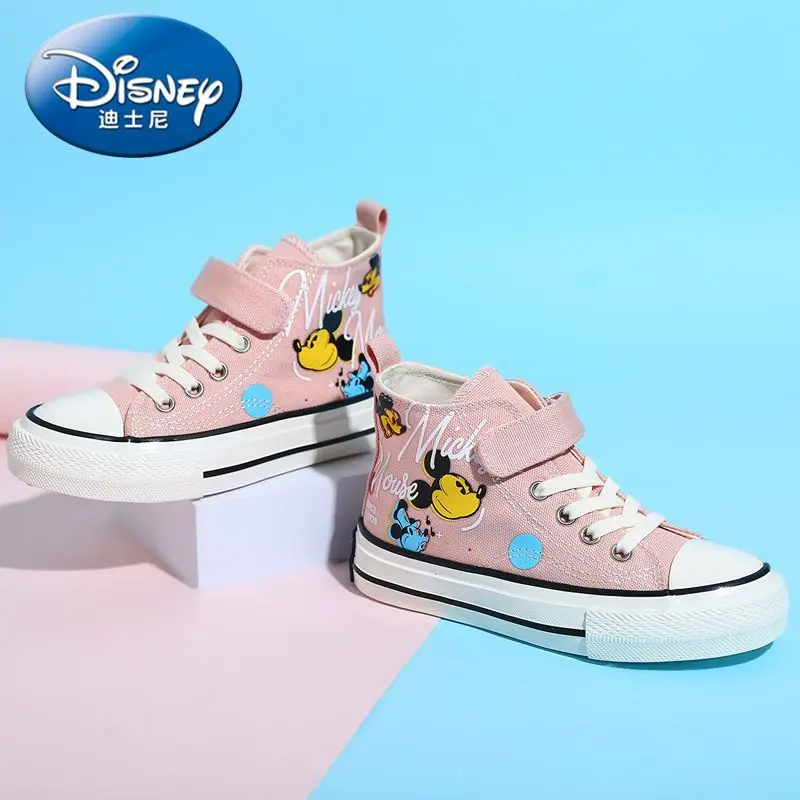 Mickey Girls Canvas Shoes 2024 New Fashion immagini reali di alta qualità Casual bambini Cartoon Graffiti High-top Boys Board Shoes