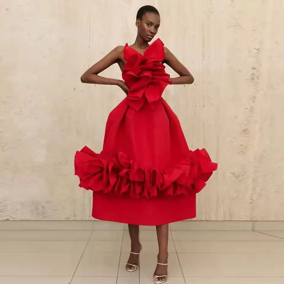 To Party Ruffles Trimmed Decoration A-line Mid Calf Female Maxi Dress New Couture Red Women Dresses 2025 Wedding Guest Dress