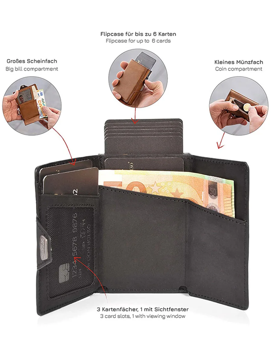 Gebwolf Pop-Up Credit Card Case Crazy Horse Leather Men Wallets RFID Protection Mini Metal Wallet Zipper Coin Pocket