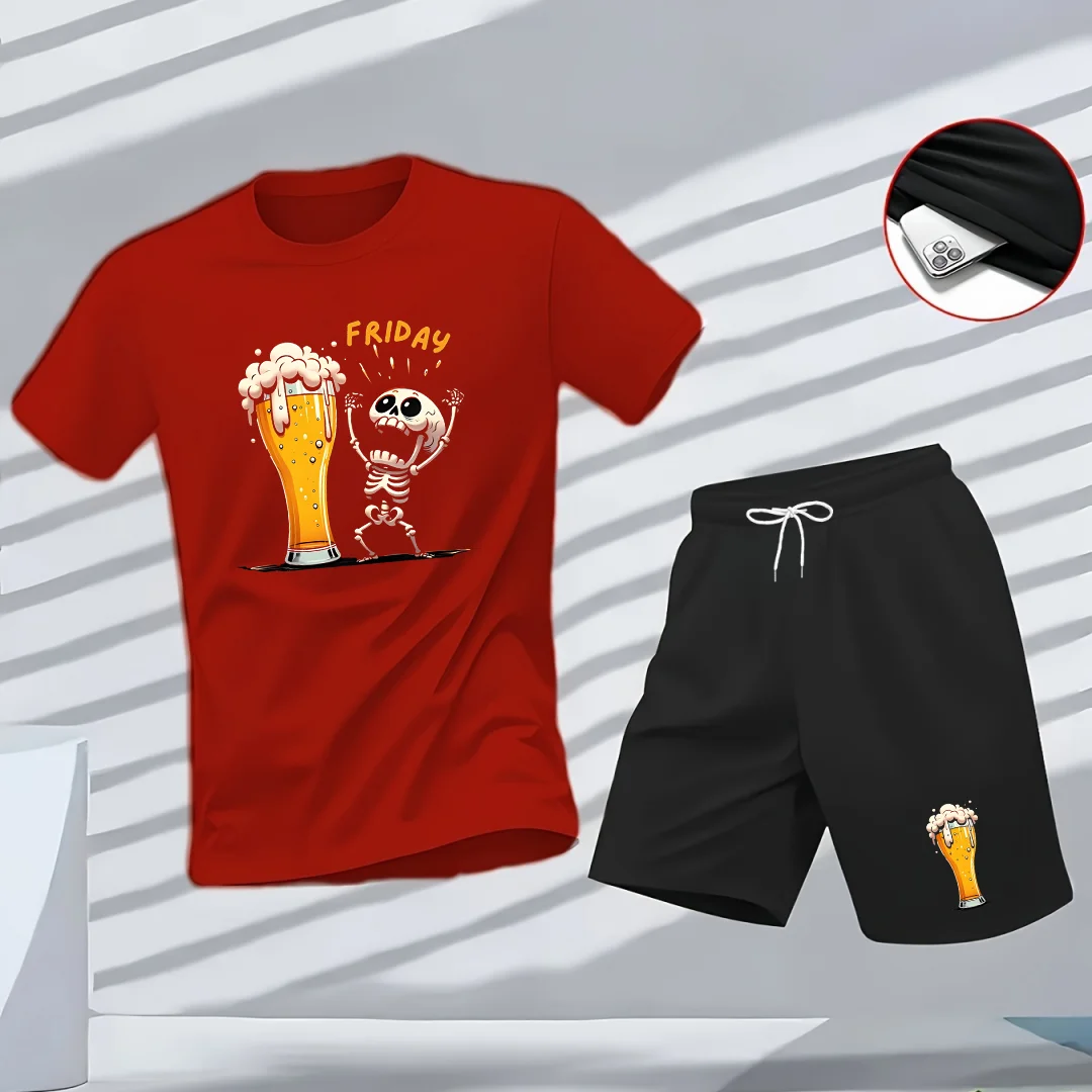 

Летний мужской комплект: футболка и шорты с принтом в виде пива, комплект из двух предметов для отдыха и встреч, дышащая мужская одежда.