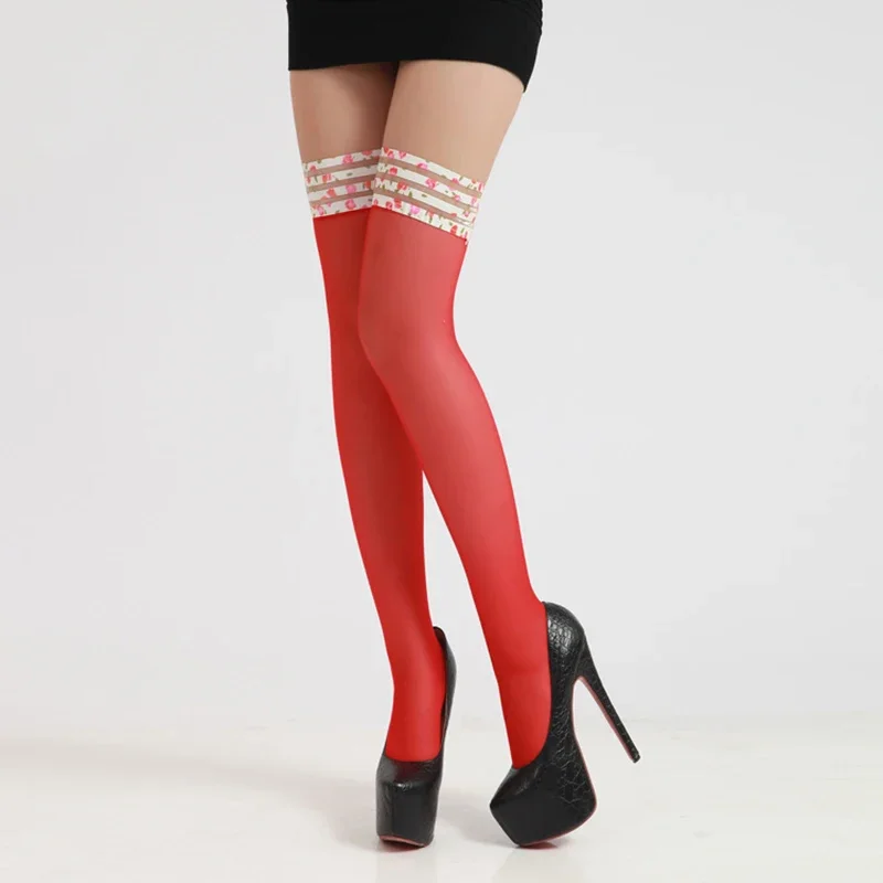 Red Maid Sexy Women Sheer Stocking Stripe Wide Lace Non-slip Socks Black Cored Wire Silk Floral Top Thigh High Fishnet Stockings