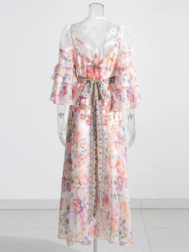 TWOTWINSTYLE Hit Color Print Dresses For Women V Neck Butterfly Sleeve High Waist Folds Patchwork Lace Up Summer Dress Female