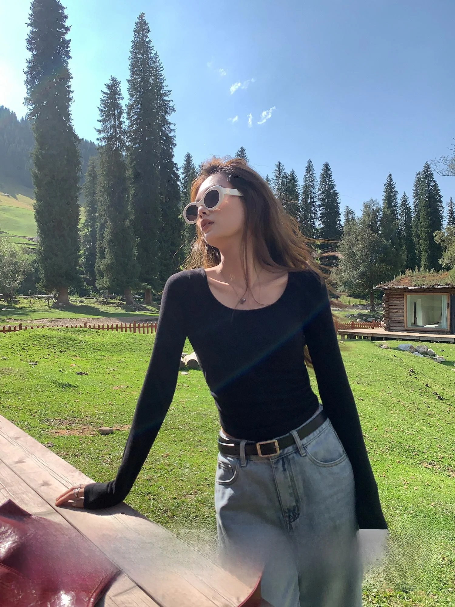 

Трикотажная футболка с эффектом похудения Bla ort, женская плиссированная круглая футболка Design Sense Ne Long Sve Base irt, повседневный топ