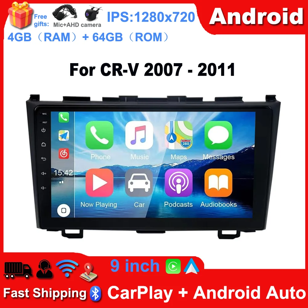 4+64G Android 13 Car Stereo for CR-V 2007-2011 with Carplay Android Auto 9in Car Radio with GPS WiFi Bluetooth FM/RDS SWC Split Screen + AHD Backup Camera/Microphone
