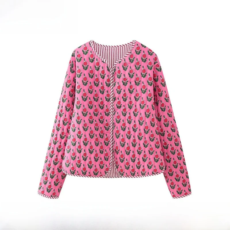 Early Autumn New Arrival Women's Fashion Simple Stylish Printed Cotton Jacket Outerwear round Neck Single Button Plant Floral