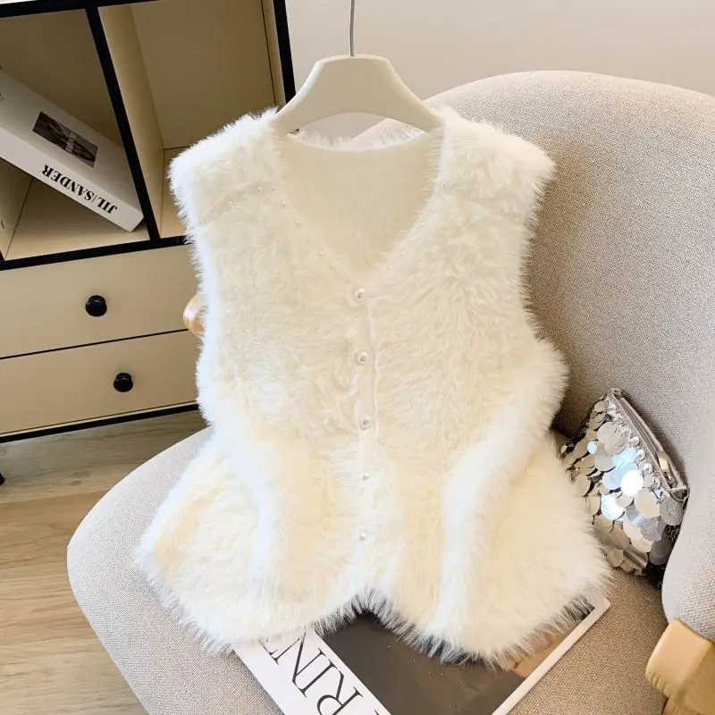 Womens Faux Mink Fur Vest Jacket Soft Fluffy Plush V-neck Sleeveless Fashion Coat Korean Pearl Buttons Tops Loose Warm Waistcoat