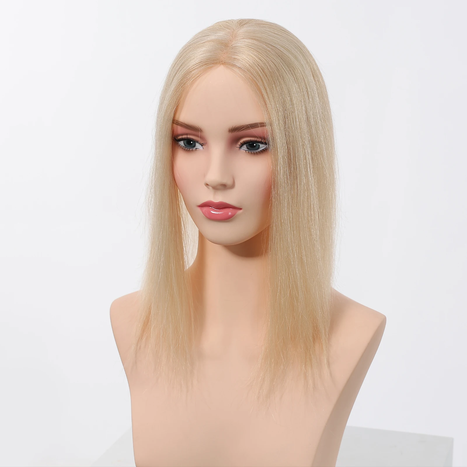 Hiasan Rambut Manusia 4 Clip-In Pirang Muda Mono Renda Dasar Potongan Rambut Bagian Tengah Ekstensi Rambut Manusia Remy untuk Wanita 14 Inci